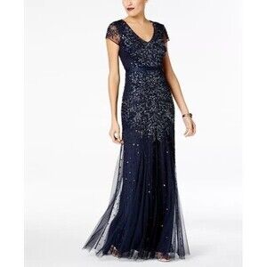 ADRIANNA PAPELL Prom SZ 10 Cap Sl Dress Sequin Navy Blue Beaded Gown Sleeve $229